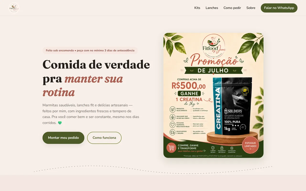 Página inicial do site da Fit Food by Jeni